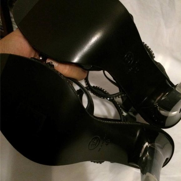 CHANEL 14C Leather Crystal Jewel CC Strappy Sandal Lucite PVC Heel Shoes - Picture 12 of 12
